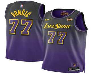 Men%27s Los Angeles Lakers #77 Luka Doncic Purple 2025 City Edition Swingman Sponsor Stitched Jersey Dzhi